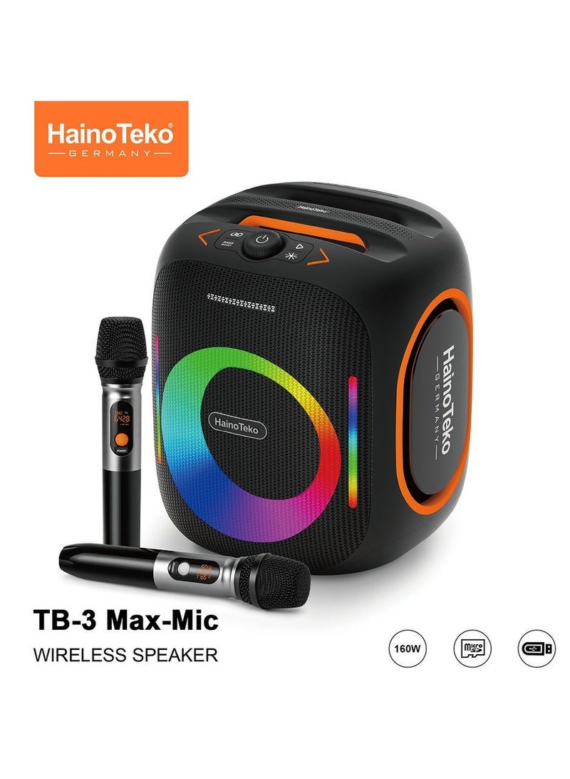 Haino Teko TB-3 Max Wireless Portable Bluetooth Speaker with Dual Wireless Microphones, Powerful Bass Sound, Karaoke Function, Long Battery Life for Home Parties & Outdoor Entertainment - Image 1